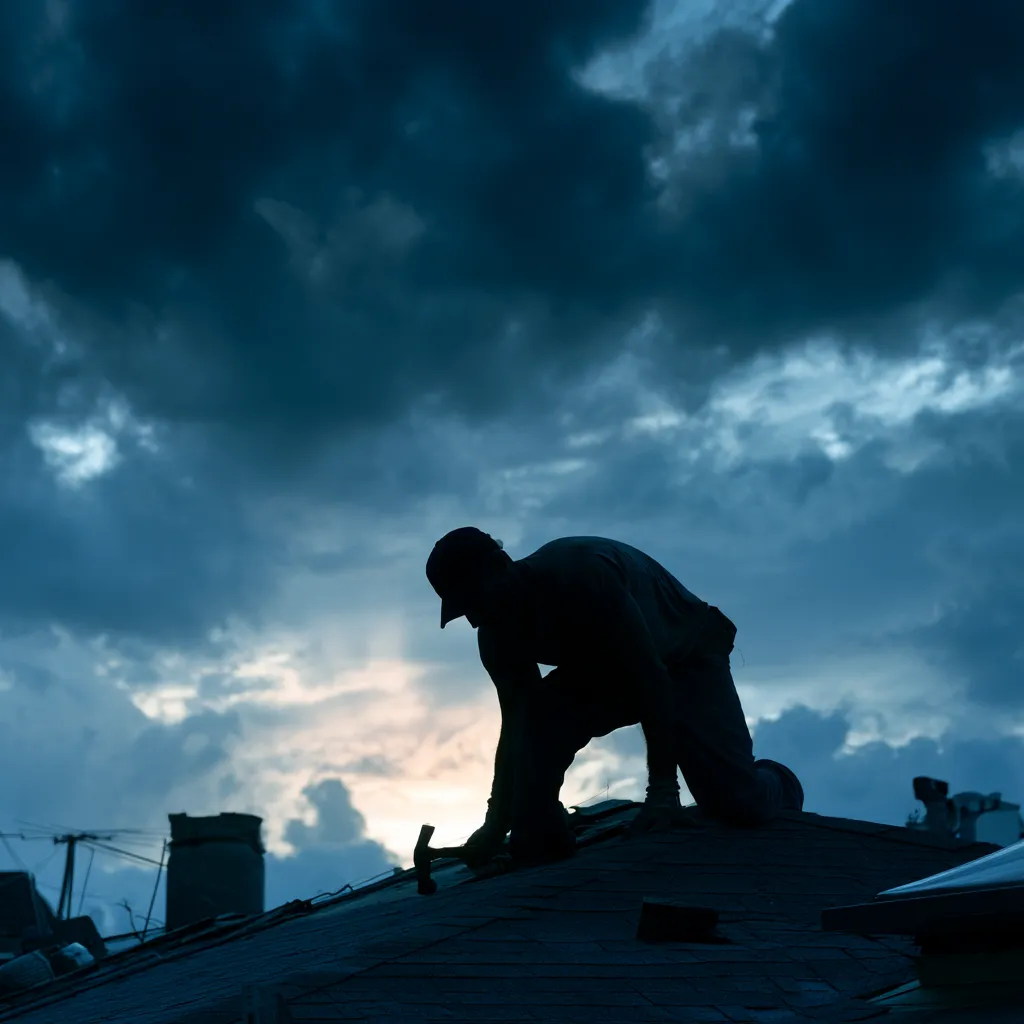 A roofer kneeling with a hammer under darkening storm clouds